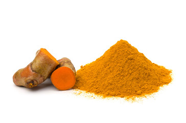 Turmeric (curcumin) powder and rhizomes  isolated on a white background,Used for cooking and as...