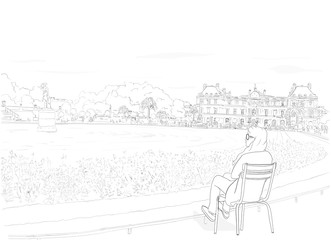 Hand drawn illustration. A young woman enjoys relaxing at Luxembourg Gardens in Paris, France.