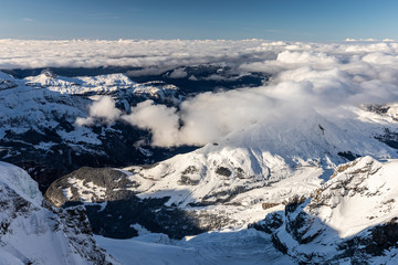 Aerial of snowcapped mountain range of Jungfrau in winter