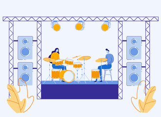 Artists Man and Woman Drums Players Sitting on Openair Stage with Drumkits Performing Percussion Composition or Training before Summer Festival Performance Show Event. Cartoon Flat Vector Illustration