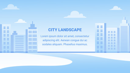 Obraz premium City Landscape Horizontal Banner, Modern Tall Buildings of Downtown or Business Area. Cityscape with Skyscrapers. City Development, Construction and Architecture Background. Flat Vector Illustration