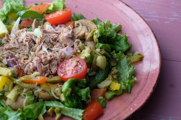 close up of salad and tuna fish on plate 