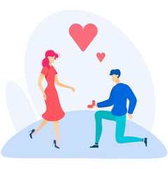 Fototapeta na wymiar Advertising Banner an Offer Marriage Cartoon Flat. Poster Guy Knelt and Gives Ring to Girl. Girl with Love Looks at Man with Ring. Flyer Romantic Event for Couple. Vector Illustration.