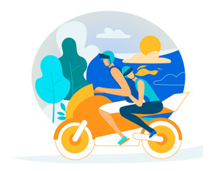 Fototapeta na wymiar Couple in Love on Scooter. Young Happy Pair, Man and Woman Riding Motorbike, Enjoying Time Together, Fast and Easy Transportation, Love Journey on Modern Moped. Cartoon Flat Vector Illustration, Icon