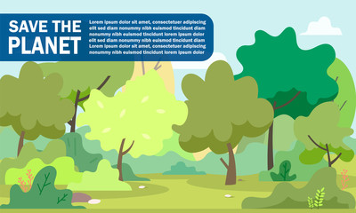 Informative Poster Inscription Save the Planet. Advertising Flyer Promoting Protection Ecology Planet. Green Trees Grow in Park in Summer. Horizontal Banner Landscaping Park. Vector Illustration.
