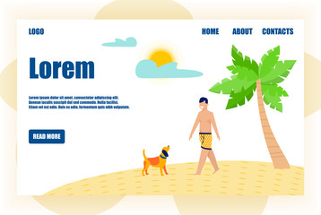 Flat Landing Page in Tropical Style with Man Wearing Swimming Suit Walking Dog under Palms Trees on Seaside. Promotion Text. Mockup for Travel or Dating Agency. Vector Cartoon Illustration