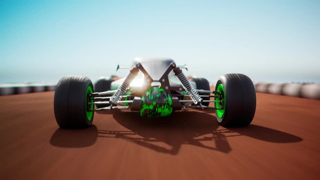 RC Car race on the sandy track. Loopable animation of a miniature model of buggy