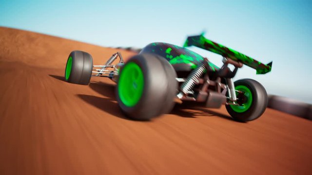 RC Car race on the sandy track. Loopable animation of a miniature model of buggy