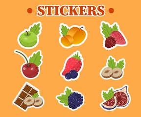 Stickers Set with Ingredients for Bakery Recipes. Vector Flat Fruits and Berries. Apple, Apricot, Strawberry, Blueberry, Raspberry, Cherry, Chocolate, Almond Nuts, Fig, Blackberry Illustration