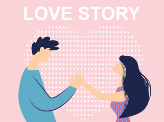 Love Story Banner Couple Characters Holding Hands on Pink Background with Dotted Heart. Happy Lovers Watching in Eyes. Woman and Man Romantic Relations and Flirt. Cartoon Flat Vector Illustration