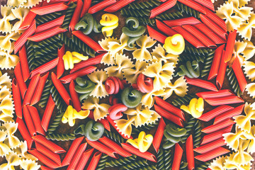 Fototapeta premium Raw italian pasta - Pasta top view - food concept