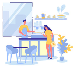 Fototapeta premium Cute Woman Orders Coffee Mug in Coffee Shop or Espresso Bar and Friendly Hospitable Barista stands at Cafe Counter. Vendor and Customer in Cafeteria Interior with Furniture. Flat Vector Illustration.