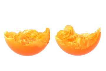 Liquid Orange Juice Splash inside sphere on white background. 3D Render.