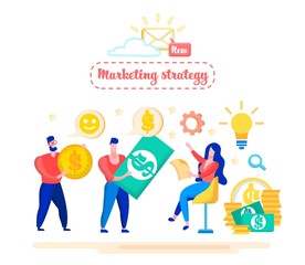 Informational Banner New Marketing Strategy Flat. Poster Interaction with Target Audience Through Video Content. Men and Women Make Money on Mailing List Cartoon. Vector Illustration.