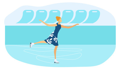 Woman Figure Skating at Sports Ice Arena Flat Cartoon Vector Illustration. Beautiful Female Character in Dress. Attractive Cute Girl Skater Actress Performing Dance on Frozen Surface.