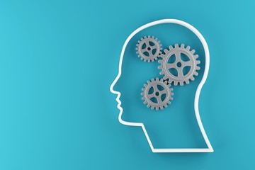 Gears cogwheels in human head shape over blue background - strategy, creative or business innovation modern minimal concept