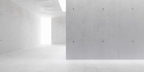 Abstract empty, modern concrete walls hallway room with indirekt ceiling lights and backwall opening - industrial interior background template