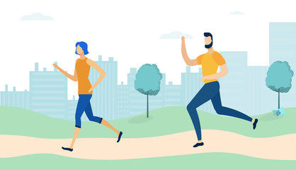 Couple Running around in Park Flat Cartoon Vector Illustration. Man and Woman Doing Fitness Exercises. Morning Jogging. Active and Healthy Lifestyle Outdoor on Cityscape Background.