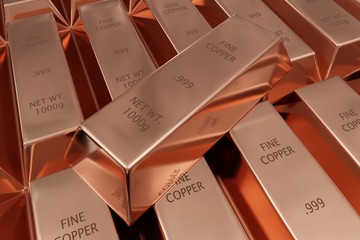 Single copper ingot on rows of shiny copper ingots or bars background - essential electronics production metal or money investment concept - obrazy, fototapety, plakaty
