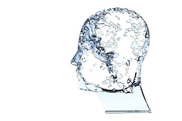 Human head shape filled with blue water isolated on white background - hydration, healthy lifestyle or wellness concept