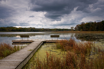 An overcast fall day on Lake Defiance, Moraine Hills State Park, McHenry, Illinois.