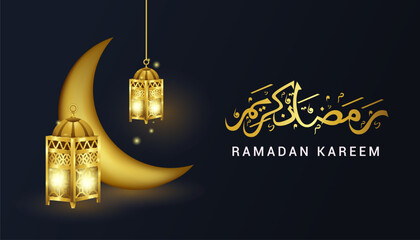 modern ramadan kareem on black background with gold lantern, moon and calligraphy ornament vector illustration