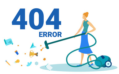 Error 404, Page not Found, Disconnection from Internet, Unavailable Page Flat Cartoon Vector Illustration. Young Woman Character Vacuuming Trophy, Documents, Lamps, Ppaper Cup, Contract.