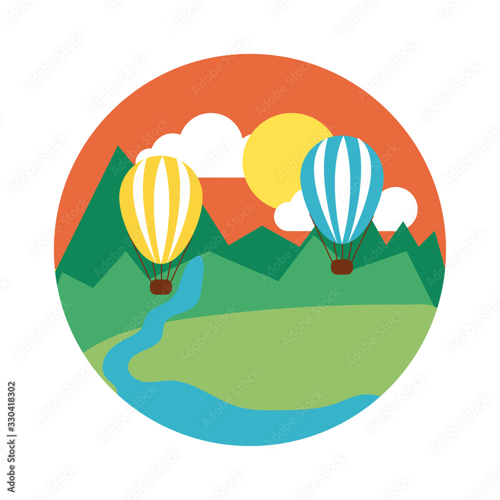 Poster landscape scene with balloon air hot flat style icon