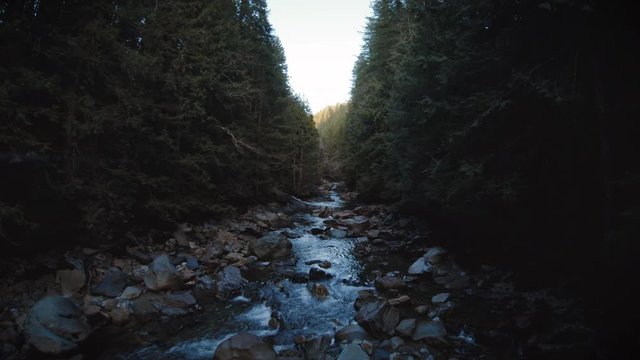 Drone Flying Up River Hallway with Peaceful Water Flow