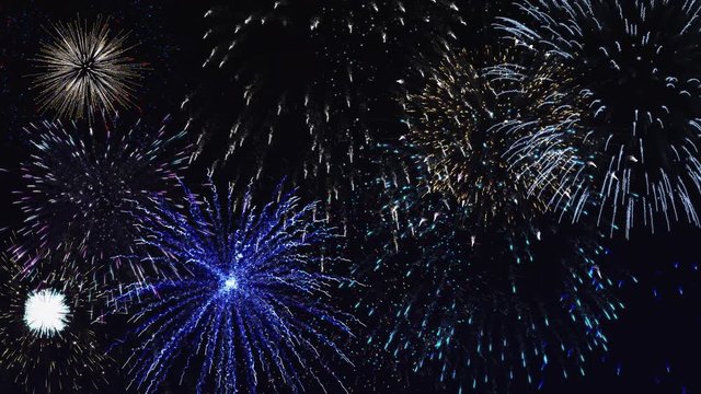 Colorful fireworks in night blue sky. Seamlessly loop 4K 50 fps realistic animation. Beautiful holiday pyrotechnic show.
