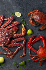 Crabs seafood background with crabs selections on black background