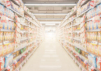 Supermarket aisle with product shelves abstract blur defocused background.