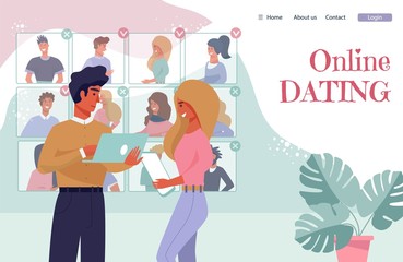 Flat Landing Page Advertise Online Dating Organization. Cartoon Man and Woman Characters Talking about Candidates, Discussing Applicants on Digital Screen. Date Agency. Vector Flat Illustration