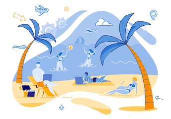 Informational Flyer Freelancers are Resting on Sea. Man and Woman Work on Laptops on Beach. Combination Rest and Work. Girls Play Ball Standing Knee-deep in Water. Vector Illustration.