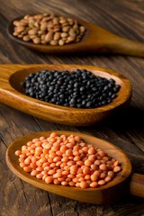 Different assorted lentils mix with red, brown and black beluga lentils in wooden scoops on brown wooden table background