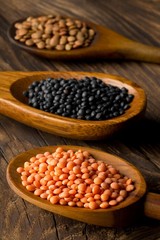 Fototapeta premium Different assorted lentils mix with red, brown and black beluga lentils in wooden scoops on brown wooden table background