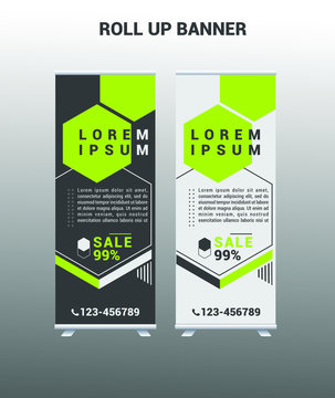 Roll up banner, modern design, grey, lime green, futuristic, minimalist, elegant, simple.
