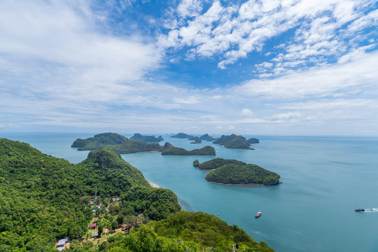 Aerial View of Tropical Islands' Sunny beach on Ang Thong National Park  from Public Photographic Viewpoint in Koh Samui, Thailand