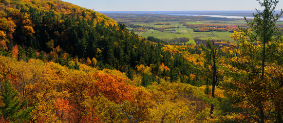 Eardley Escarpment and Ottawa River valley in Fall at Tawadina Lookout Gatineau Park panorama