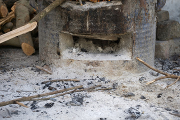 Close up the old brazier for setting fire to cooking in countryside of Thailand