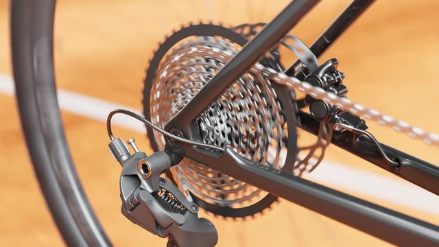 Endless close-up view at the MTB bike wheel while riding. Cassette. Chain. 4k HD