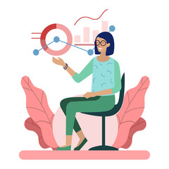 Cartoon Woman Freelancer Character in Eyeglasses Performs Data Analysis Sitting on Chair. Digital Report on Interactive Whiteboard. Financial Analytic App. Flat Vector Illustration with Foliage Design