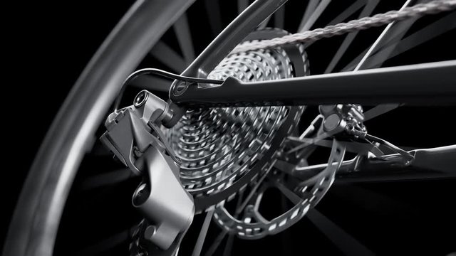 Endless close-up view at the MTB bike wheel while riding. Studio. Chain. 4k HD