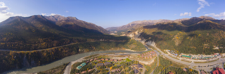 Denali National Park, Nenana River and Alaska Route 3 aka George Parks Highway aerial view in fall,...