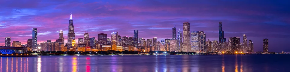 Fotobehang Chicago downtown gebouwen skyline avond zonsondergang schemering © blvdone