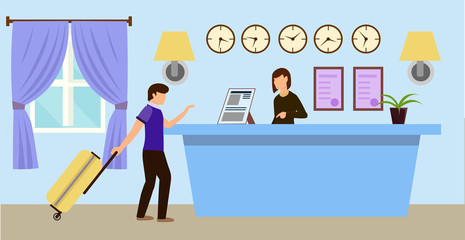 Cartoon Man with Suitcase at Hotel Hall Reception. Woman Receptionist Welcome Client at Registration Table Vector Illustration. Room Reservation Service. Hotel Staff Assistance. Business Travel