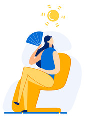 Bright Banner Summer Heat Overcomes Cartoon Flat. Ability to Reduce Anxiety and Stress During Holidays. Young Woman Sits on an Armchair Under Scorching Sun and is Fanning Herself with Fan.