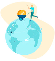 Vector Cartoon Office Man Characters with Coins in Hand Cart Running over Globe. Successful Business Deal and Money Transfer. Global Economy Planet. Flat Business and Finance Metaphor Illustration