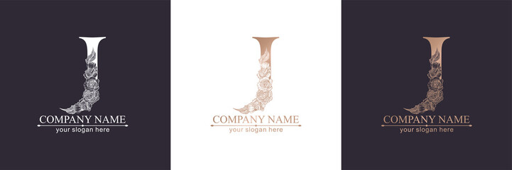 Letter J logo or monogram. For your business. Vector sign. Floral style, beautiful roses. Personal logo.