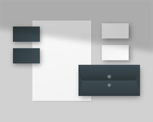 Vector stationery mockup with business cards, paper, envelope. Stationery mockup with shadow overlay. Branding stationery mockup scene. Mockup vector isolated. Realistic vector illustration.